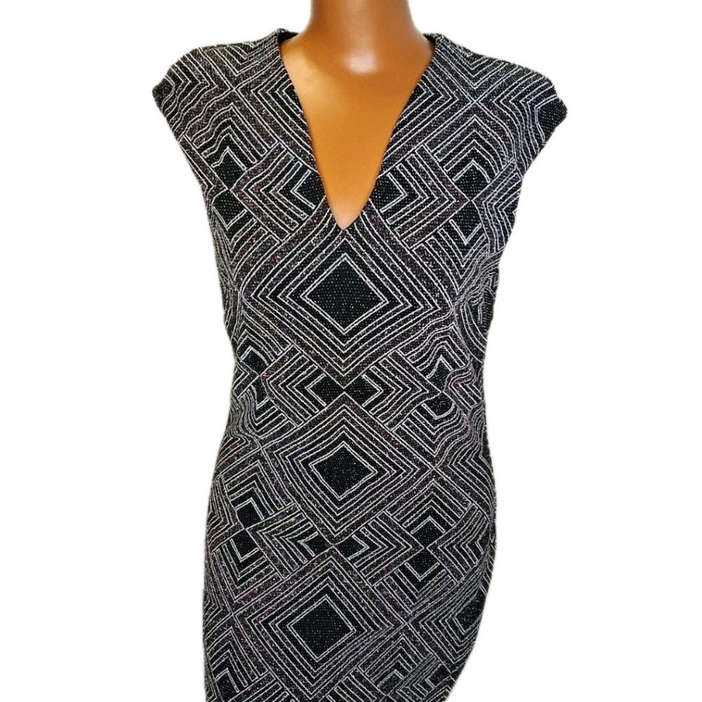 Nicole Miller Sparkle Bodycon Dress Woman 8 Black Silver Diamond Geometric Nwt